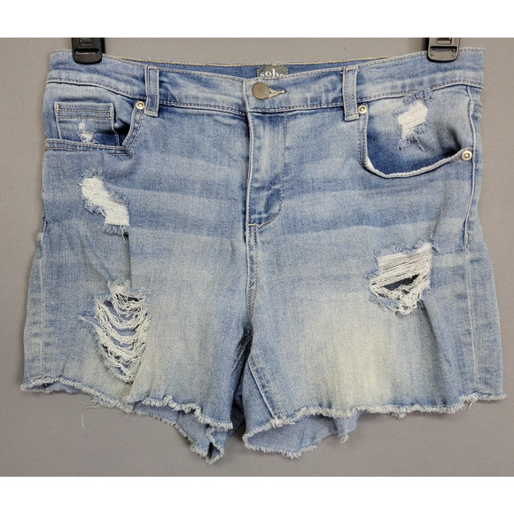 Soho Shorts Womens 10 Blue Denim Distressed Thrashed Raw Hem Ripped - Picture 1 of 11